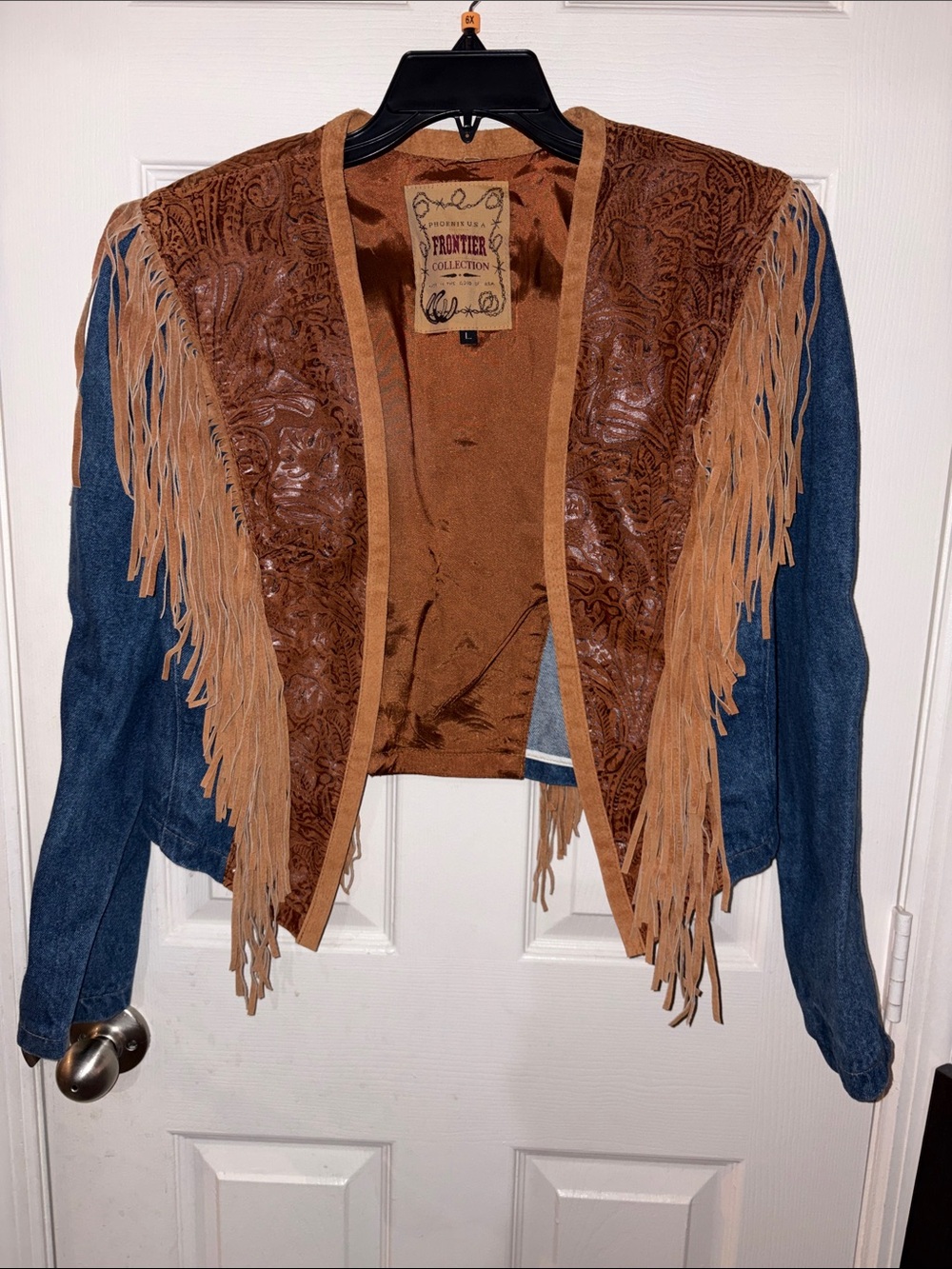 Fringe Denim & Suede Western Jacket - Brown & Blue size Large